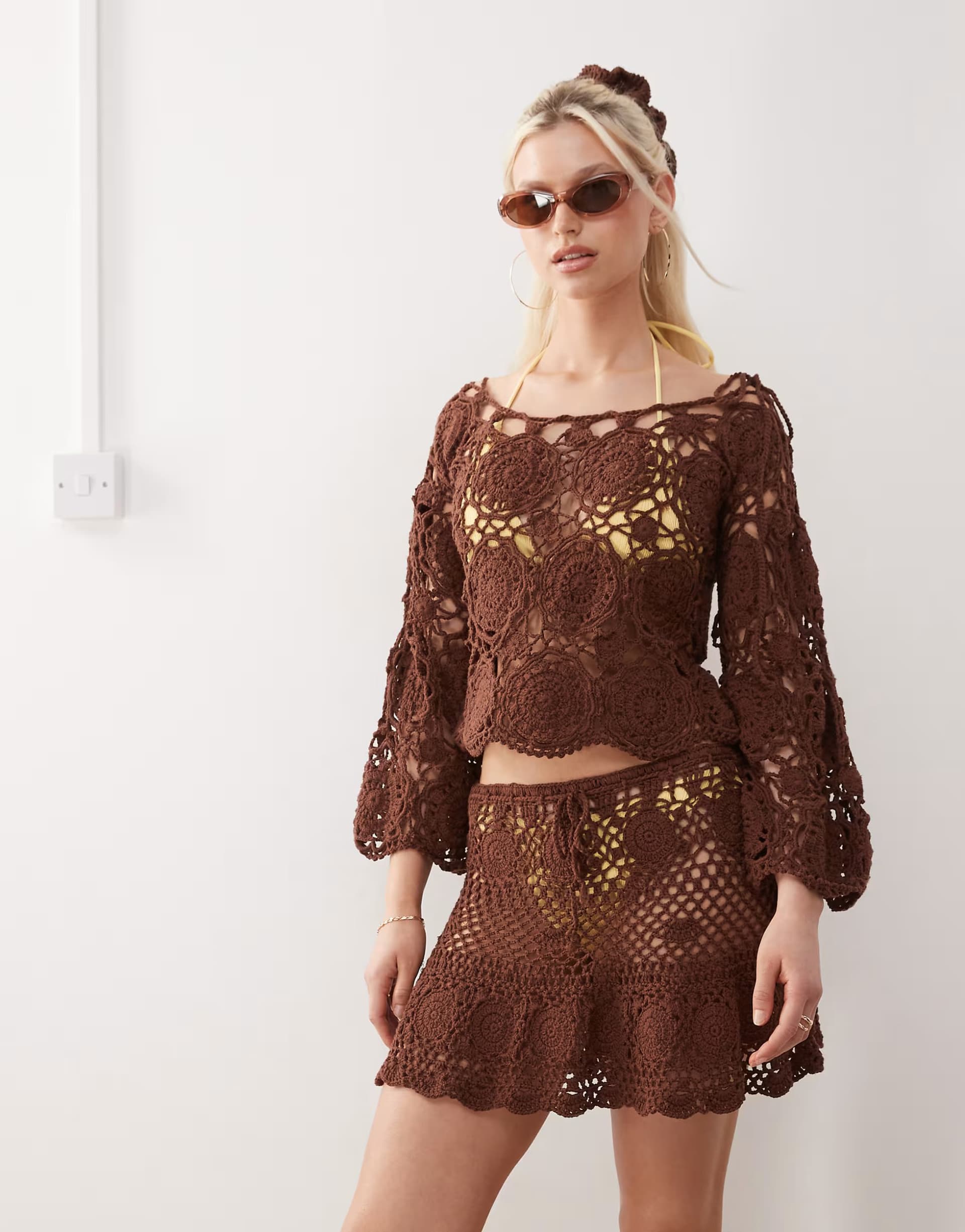 ASOS Reclaimed Vintage Limited Edition hand crochet mini skirt in chocolate brown co-ord 