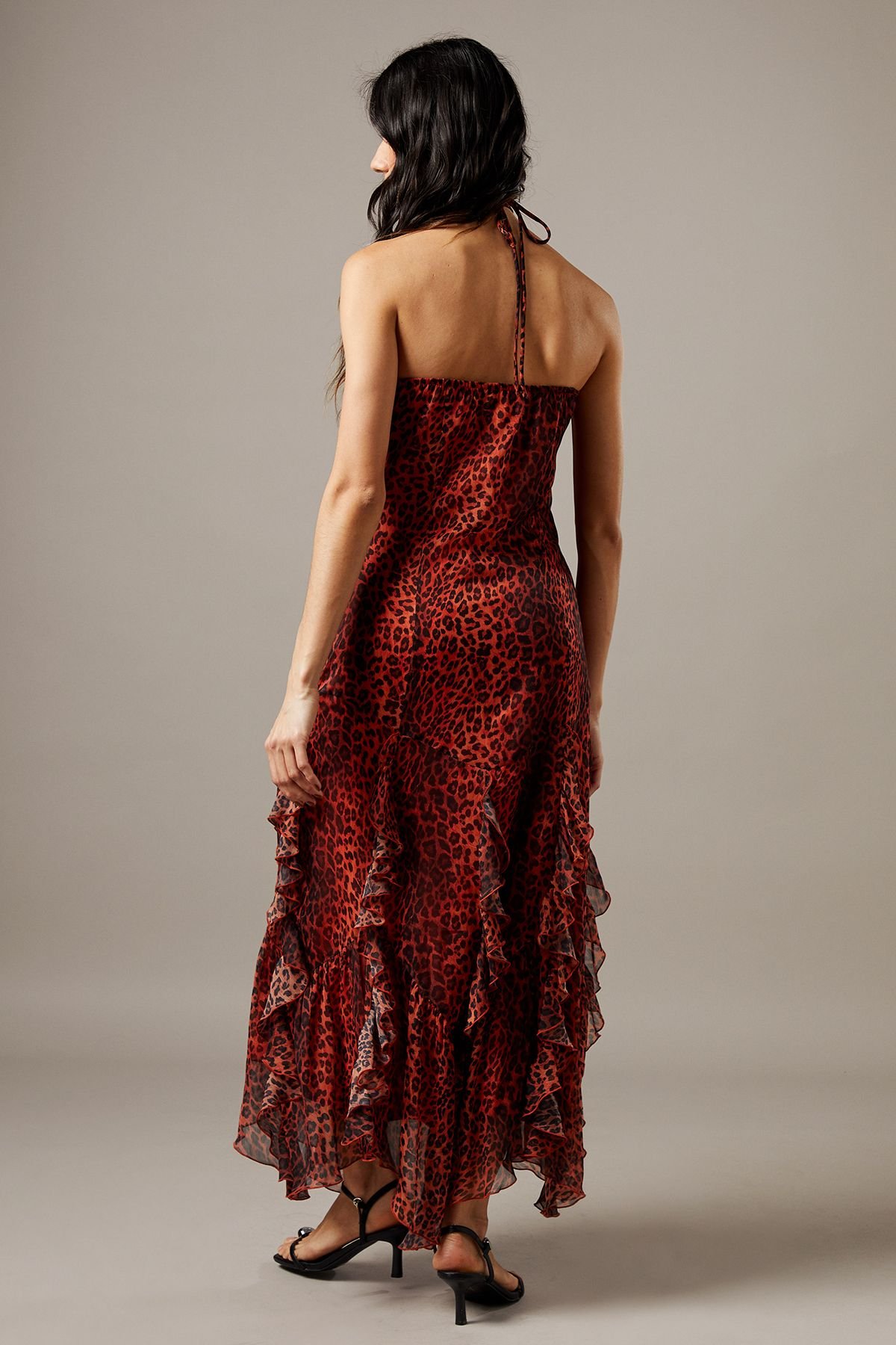 Warehouse Warehouse Women's Chiffon Halter Tendril Ruffle Midi Dress in Animal - 3