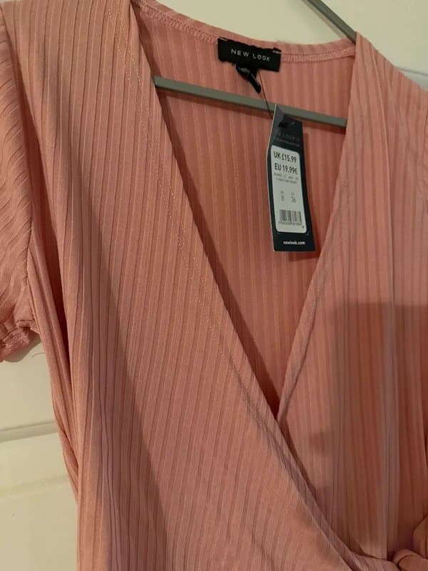 New Look New Look Light Pink Ribbed Wrap Around Short Sleeve Button Up Bodysuit Size 8 - New with tags