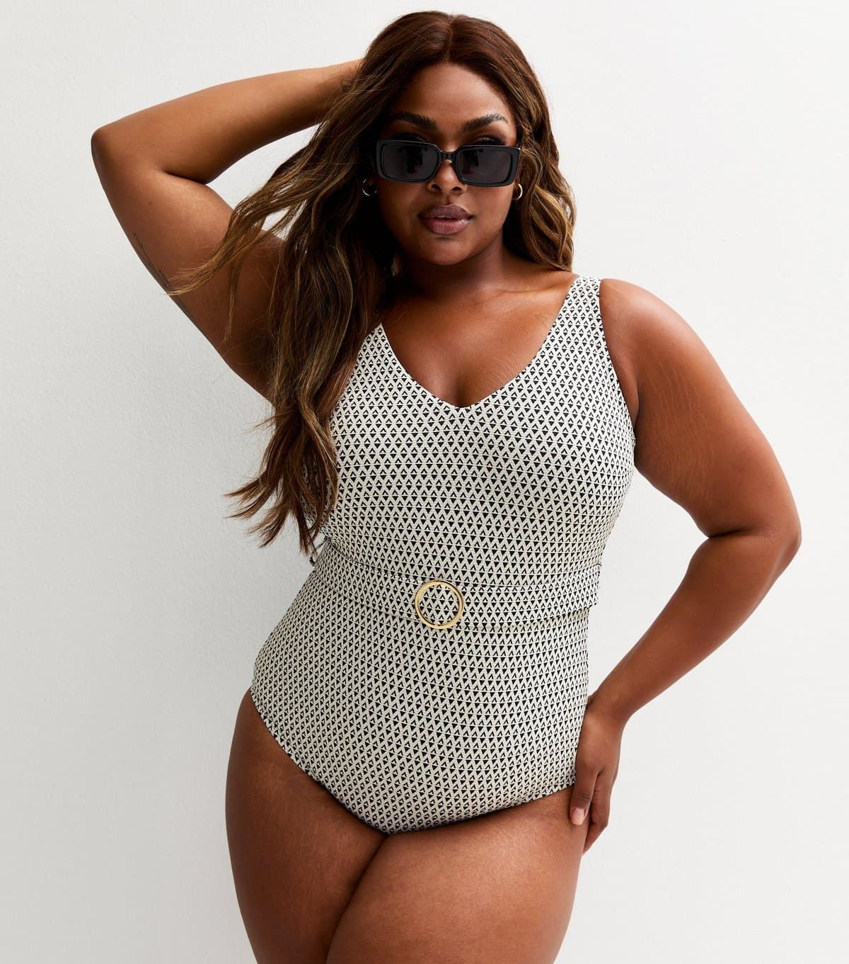 New Look Women's Plus Size Black Geometric Print Belted Swimsuit Curves New Look