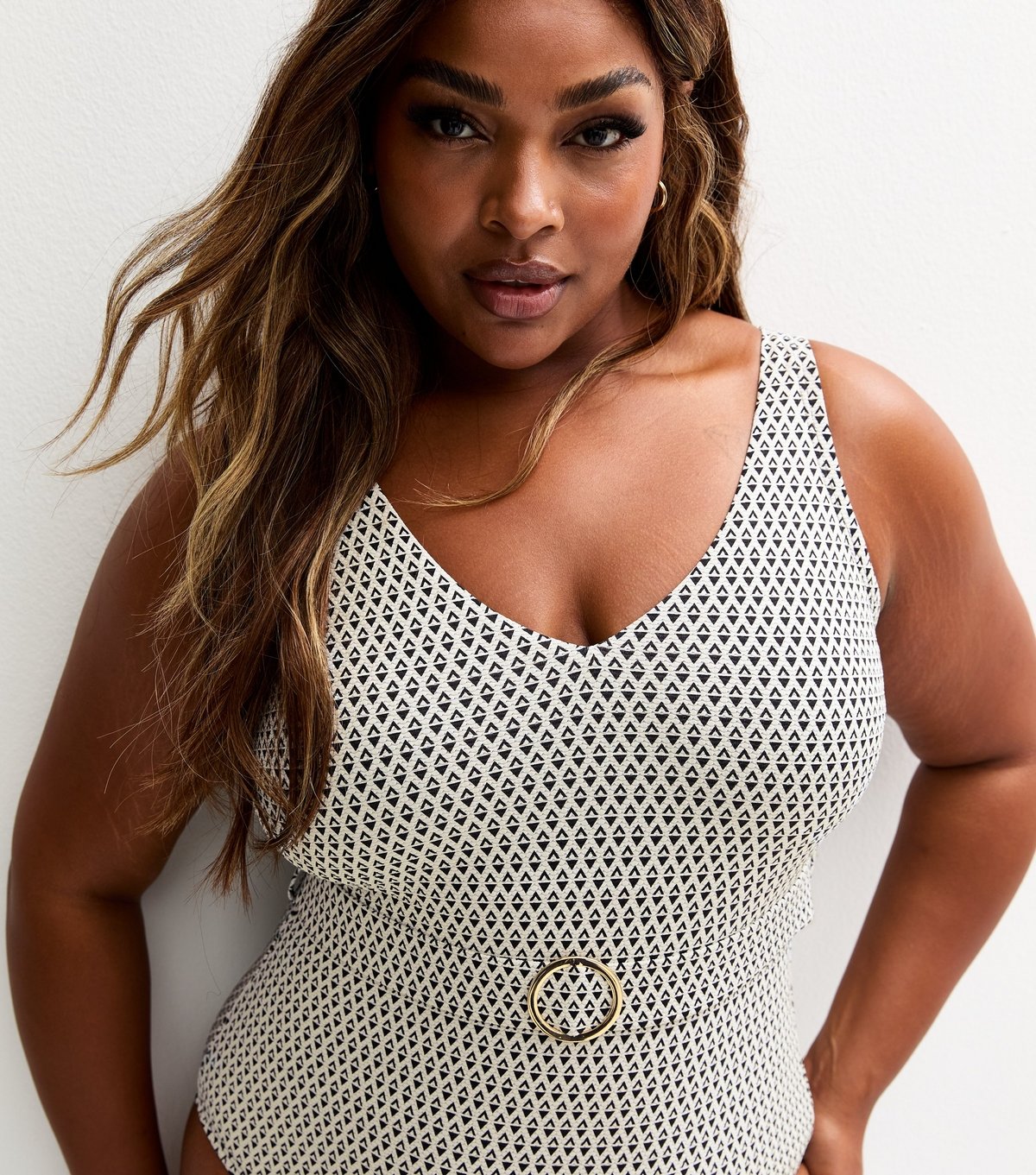 New Look Women's Plus Size Black Geometric Print Belted Swimsuit Curves New Look - 2