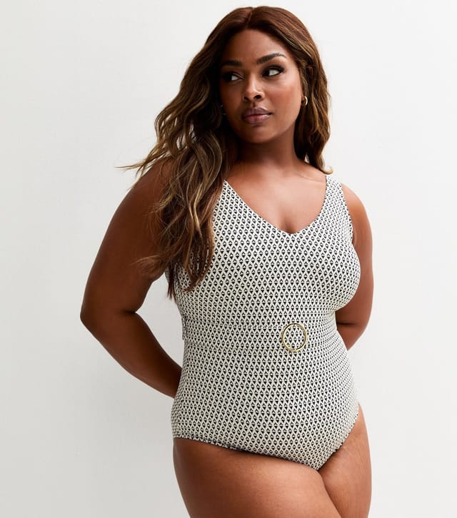 New Look Women's Plus Size Black Geometric Print Belted Swimsuit Curves New Look - 3