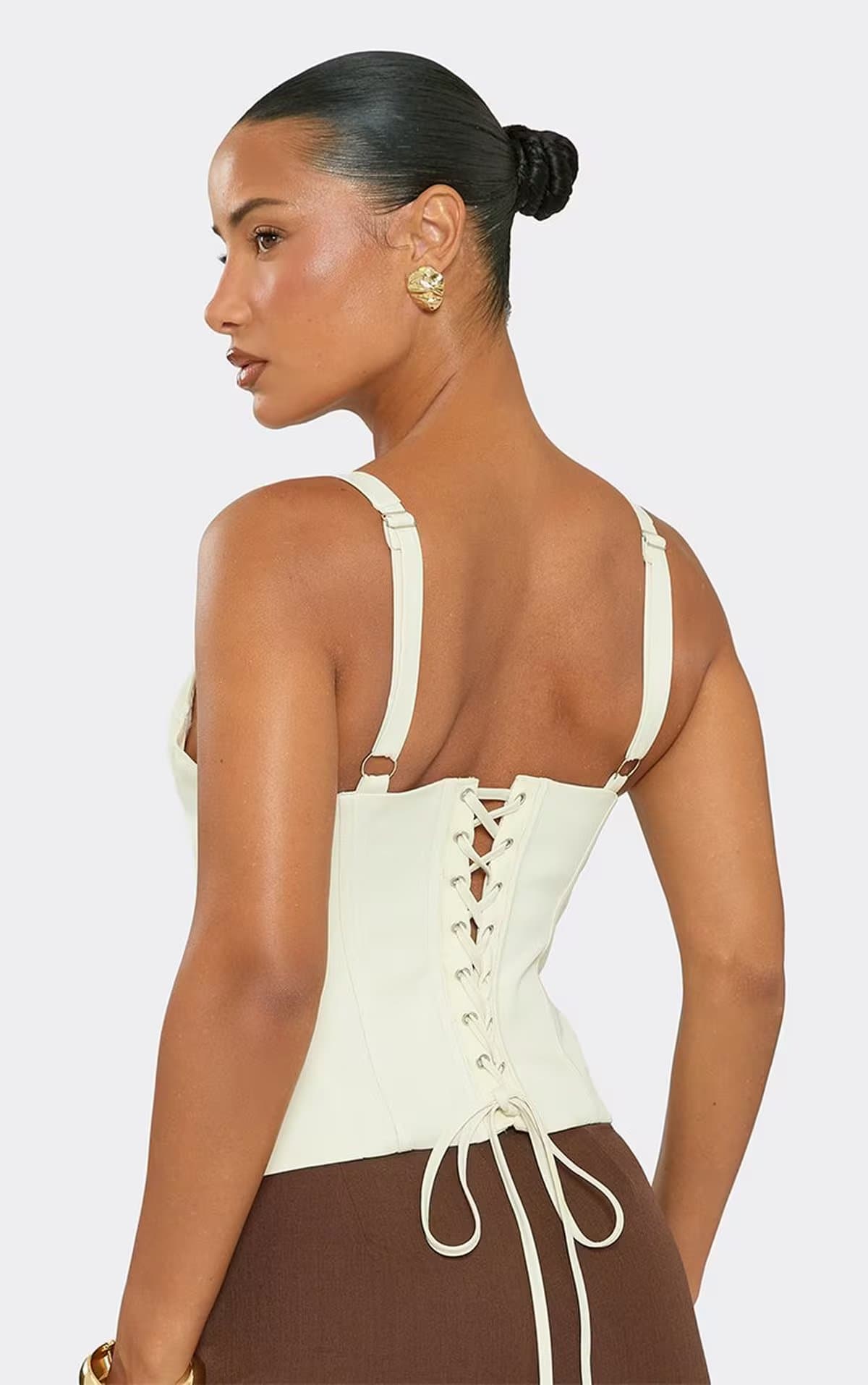 EGO Sleeveless Lace Up Back Structured Boned Corset Top In Cream, Women's Size UK 6