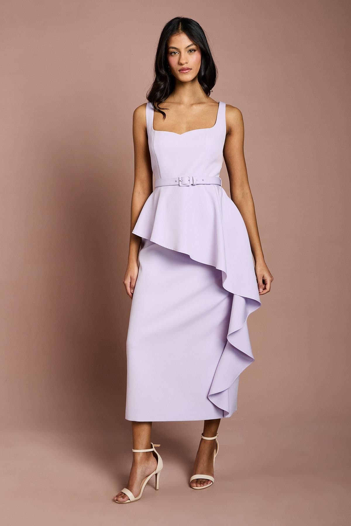 Coast Coast Women's Petite Crepe Belted Ruffle Skirt Pencil Dress in Lilac