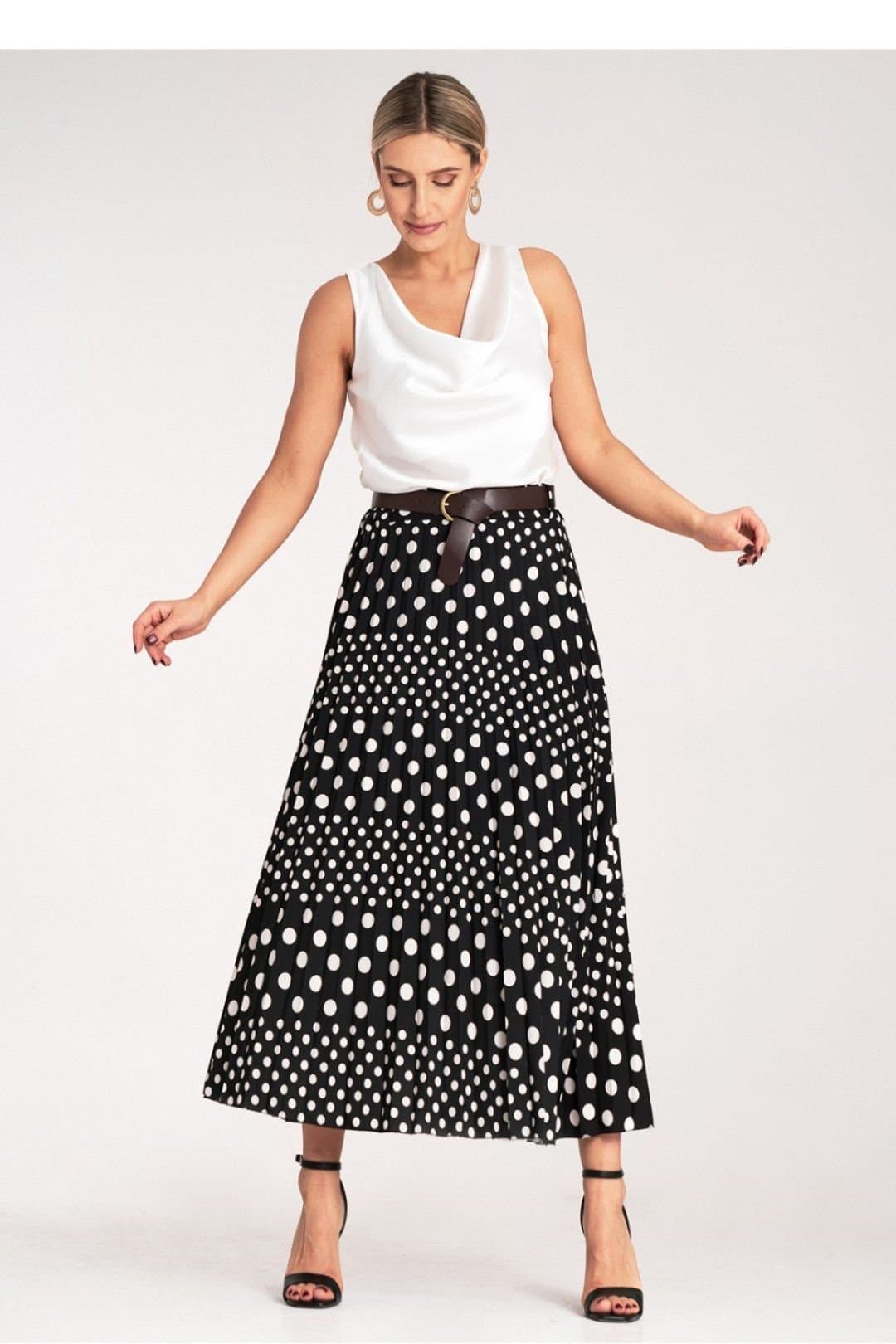 Love Lace Love Lace Women's High Waisted Pleated Midi Polka Dot Skirt Style 214850 in Black