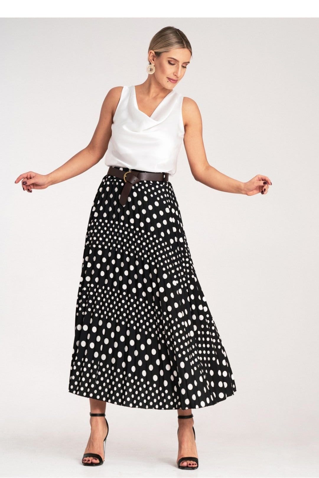 Love Lace Love Lace Women's High Waisted Pleated Midi Polka Dot Skirt Style 214850 in Black - 4