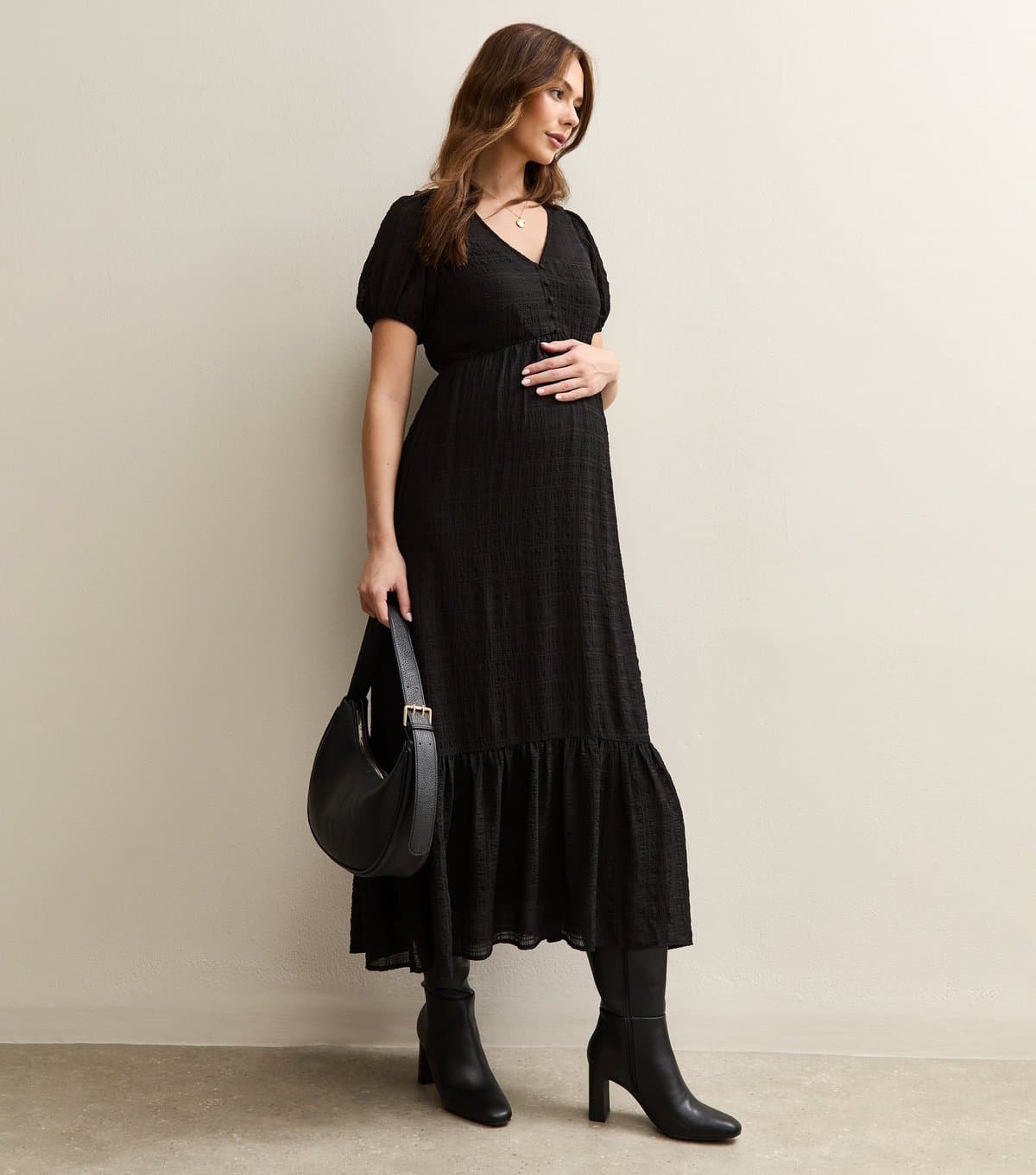 New Look Women's Maternity Black Checked Short Sleeve Midi Dress New Look