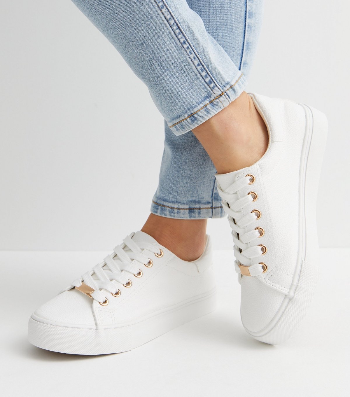 New Look Women's White Leather-Look Metal Trim Lace Up Trainers Vegan New Look - 1