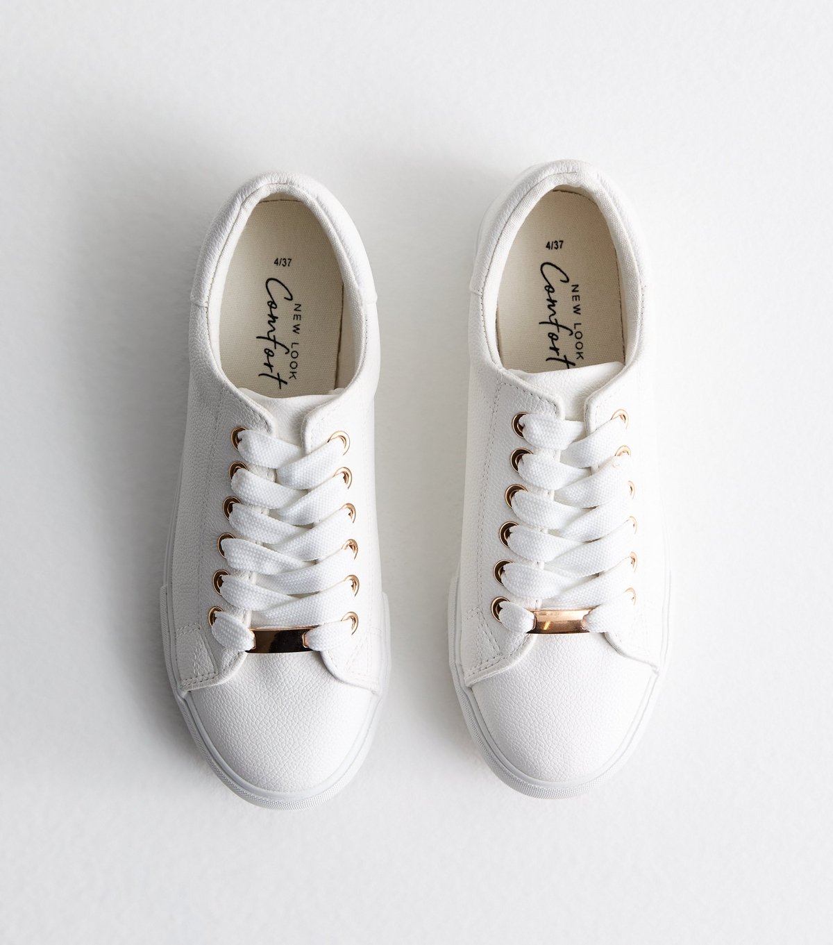 New Look Women's White Leather-Look Metal Trim Lace Up Trainers Vegan New Look - 2