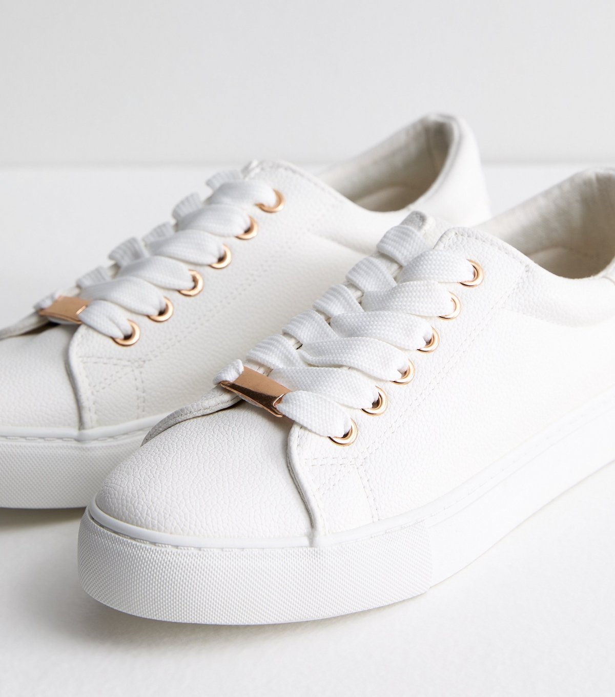 New Look Women's White Leather-Look Metal Trim Lace Up Trainers Vegan New Look - 3