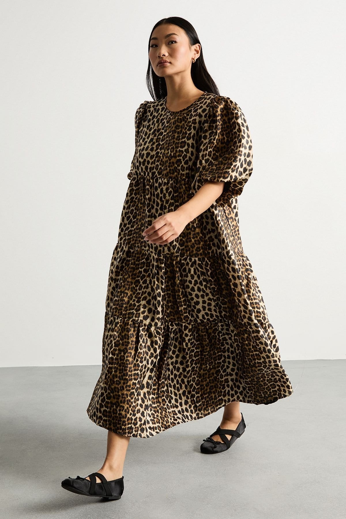 Warehouse Warehouse Women's Petite Animal Organza Puff Sleeve Midi Smock Dress - 1