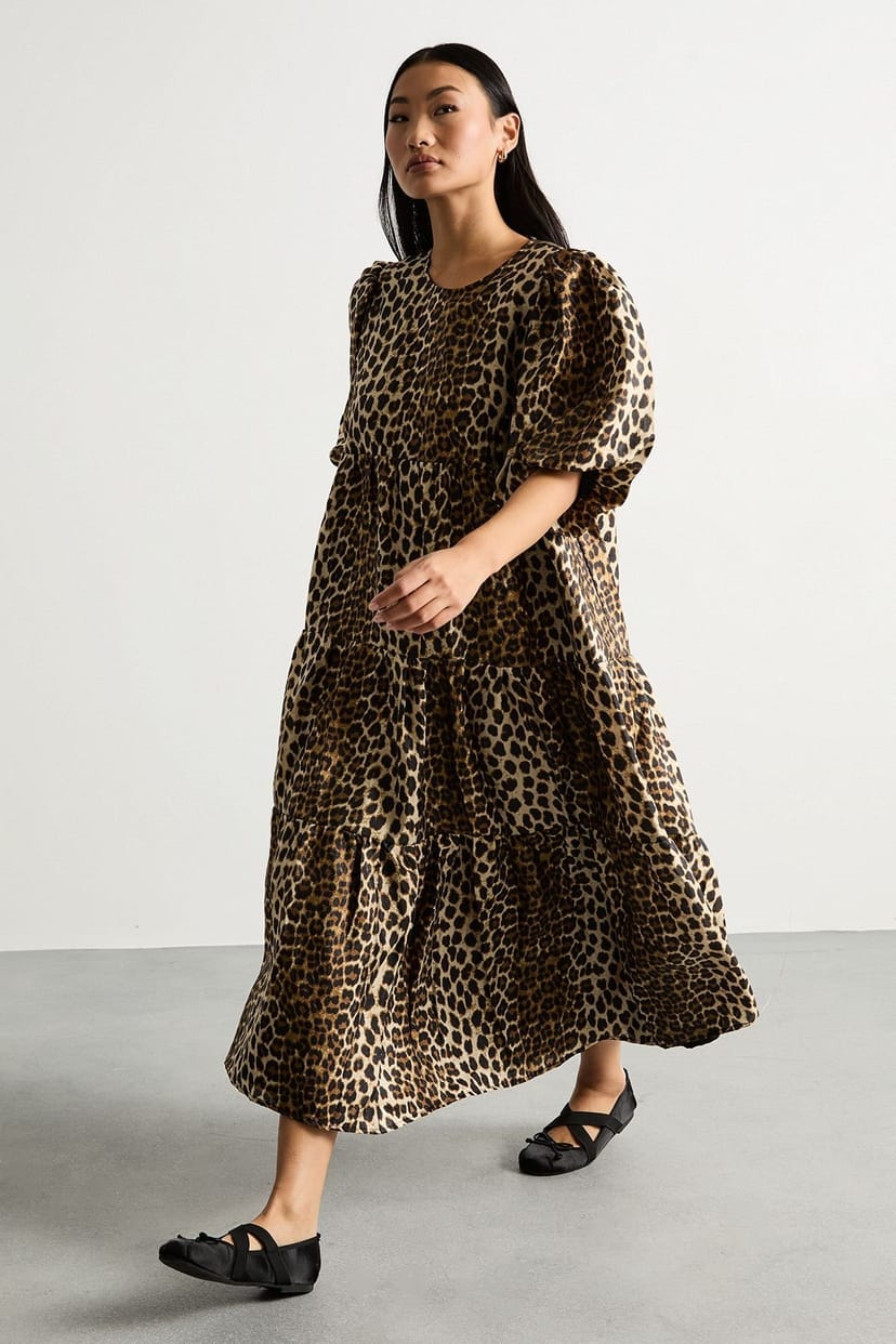 Warehouse Warehouse Women's Petite Animal Organza Puff Sleeve Midi Smock Dress - 1