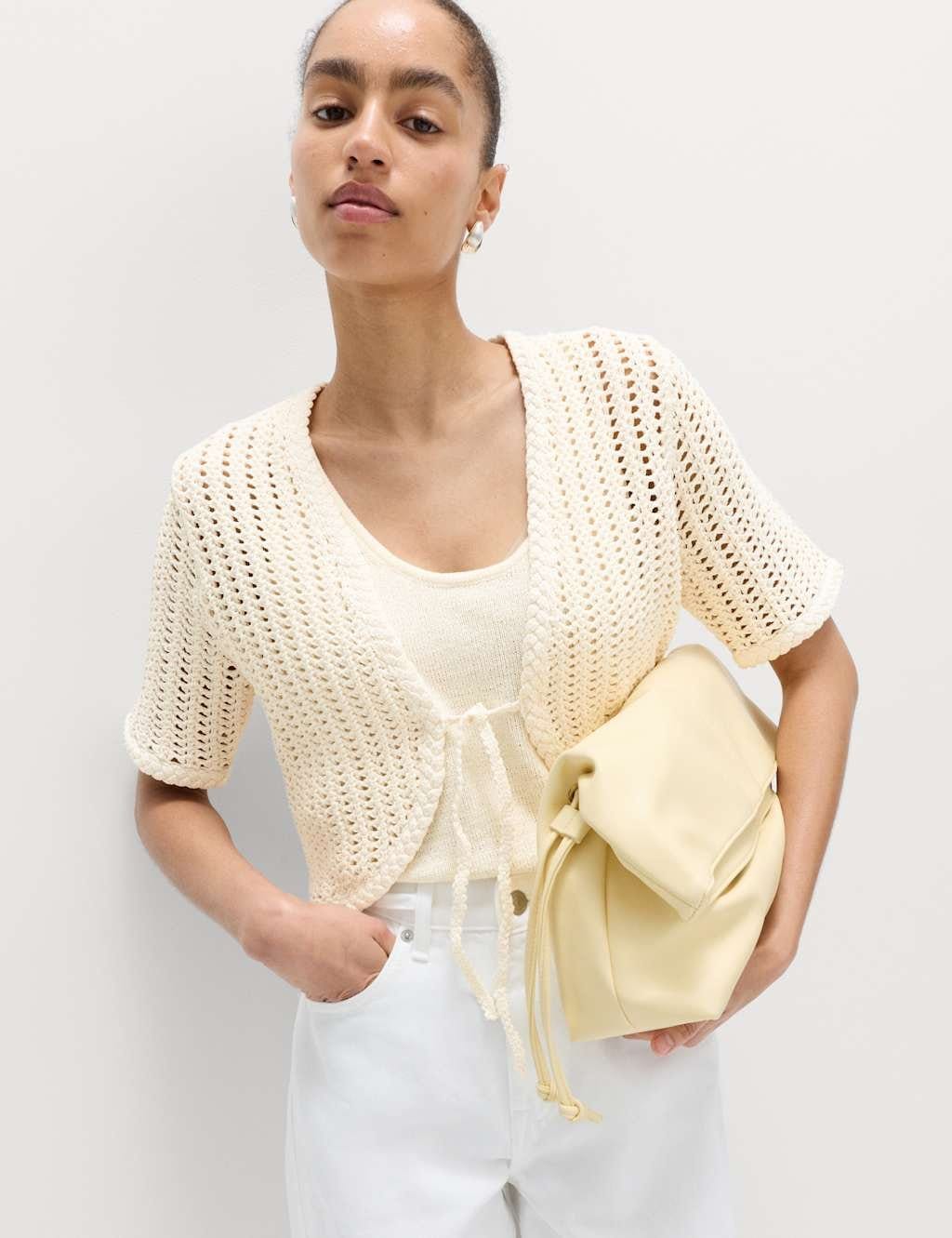 Marks & Spencer M&S Open Stitch V-Neck Tie Fastening Cardigan Vanilla - 1