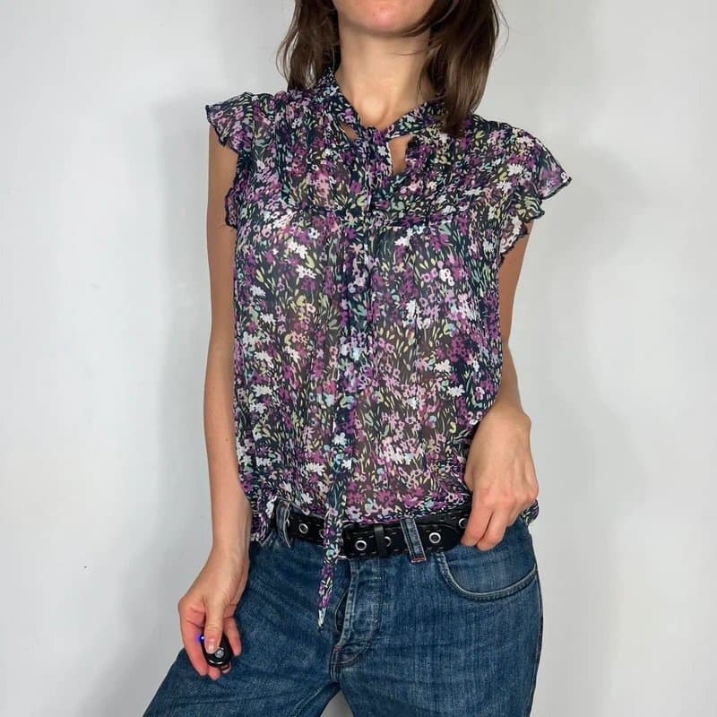 New Look Sheer purple and green floral mesh top with ruffle neckline and tie up detail #fairycore #whimsygoth