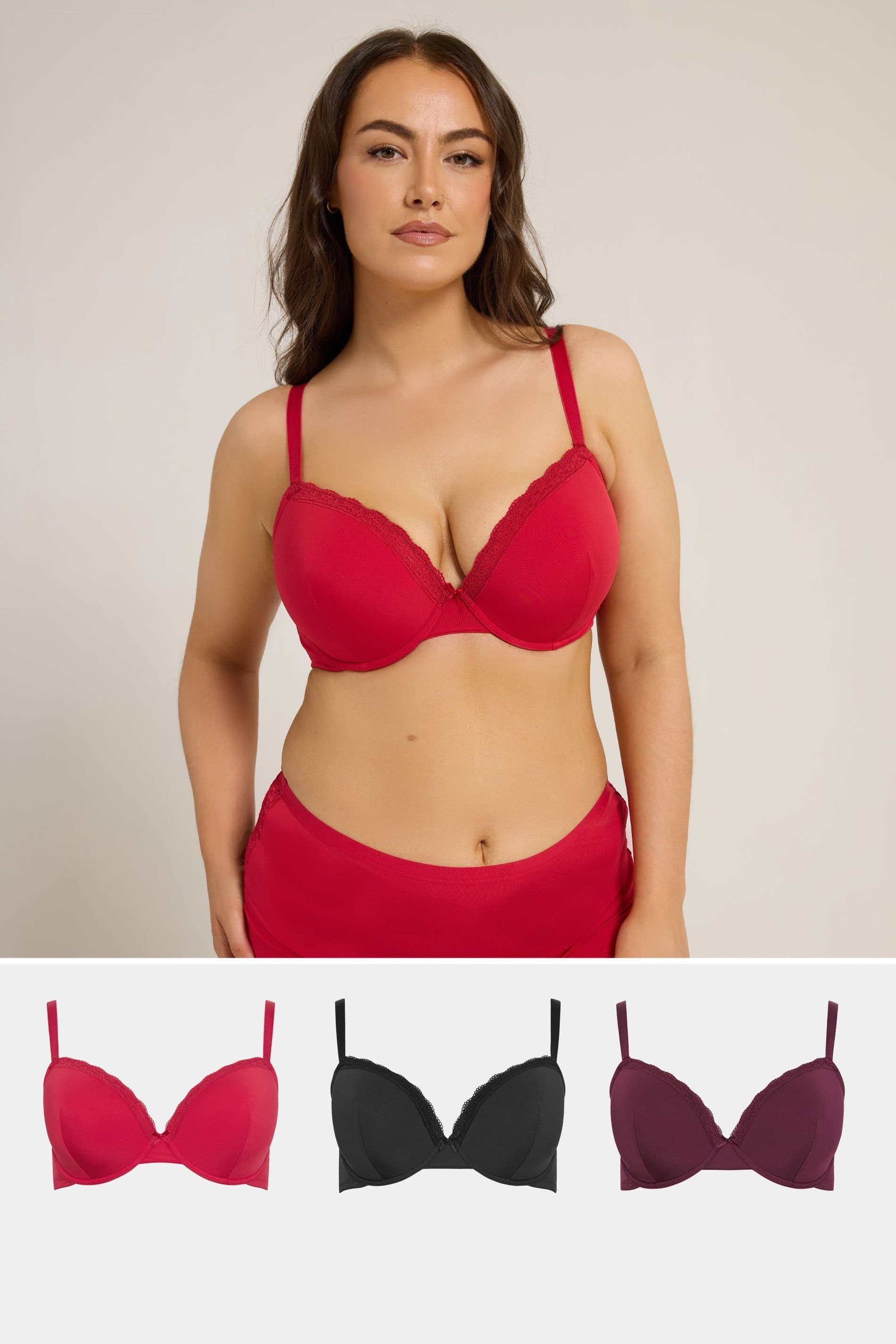 Yours Yours Red Lace Trim Padded Bra 3 Pack