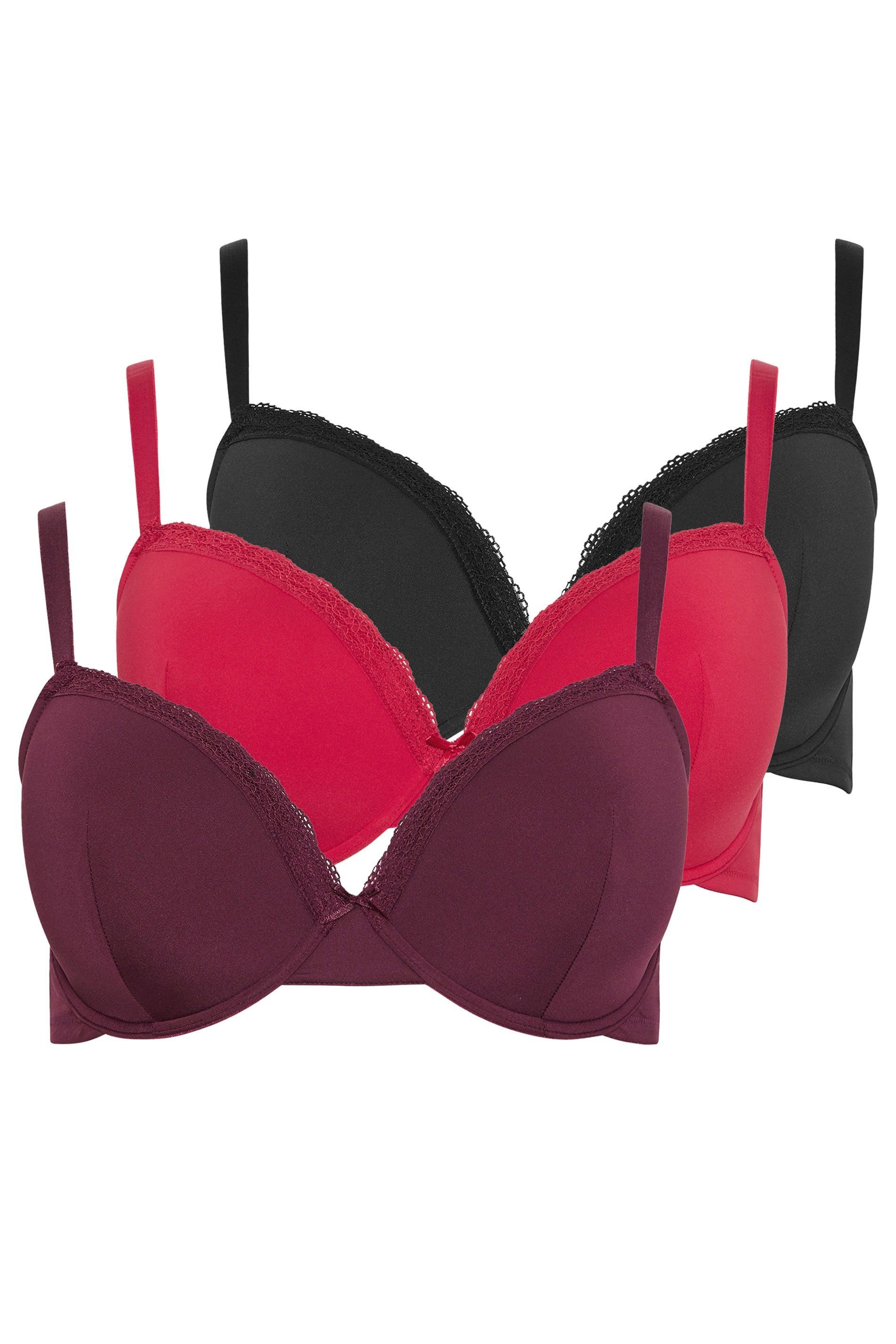 Yours Yours Women's 3 Pack Lace Trim Padded Bras in Red - 2