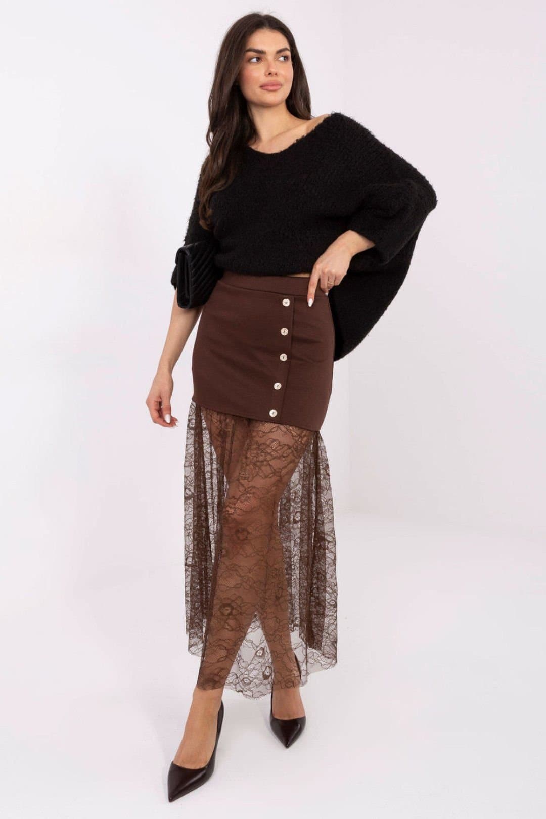 Love Lace Love Lace Brown Viscose/Elastane/Nylon Lace Insert Midi Skirt