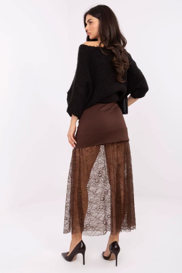 Love Lace Love Lace Women's Elastic Waist Lace Insert Midi Skirt in Brown - 3