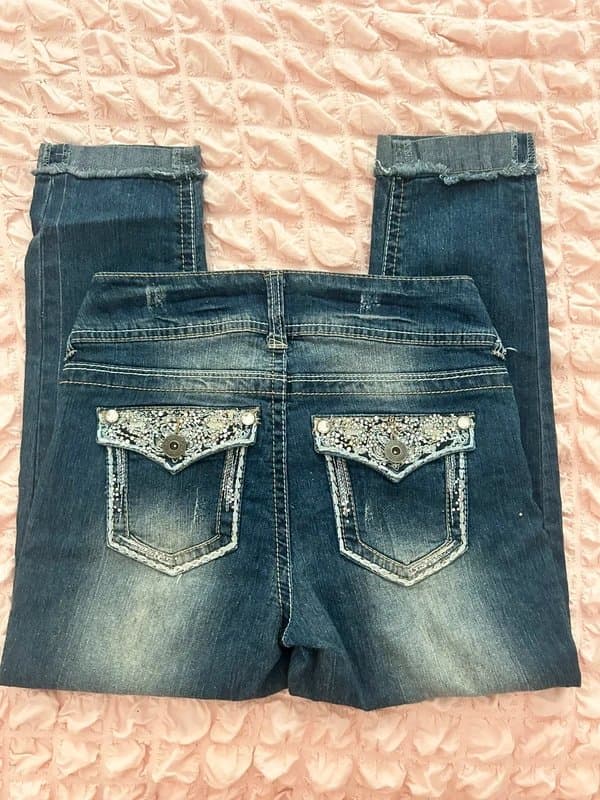 Vintage Dressing Vintage Y2K Bongo Embellished Jeans UK 10 Dark Wash Rhinestone Bootcut Denim Festival Coquette