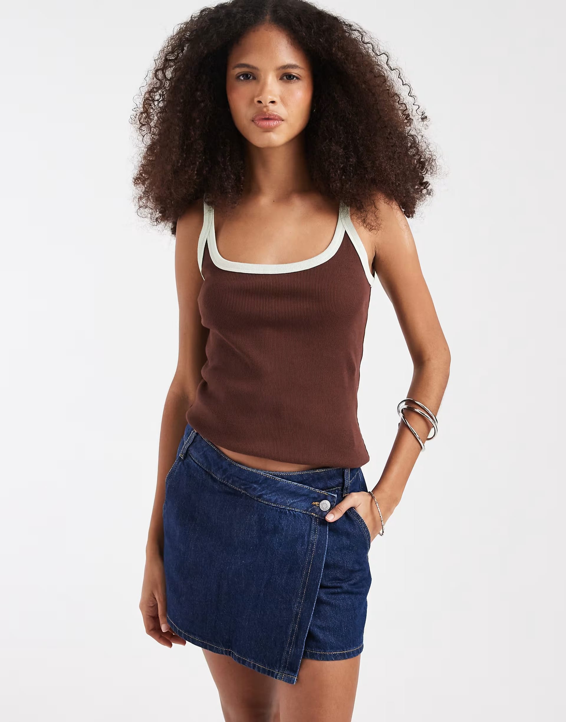 ASOS Brown Ribbed Tank and Dark Blue Denim Skort