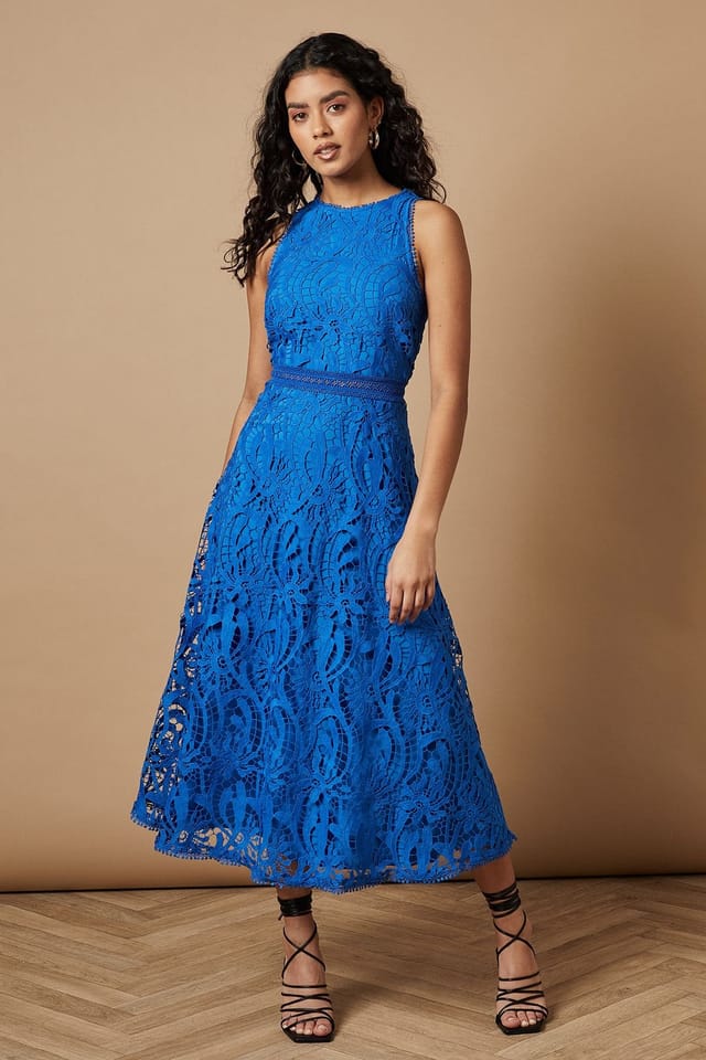 Oasis Oasis Women's Petite Lace Halterneck Dress in Blue - 2