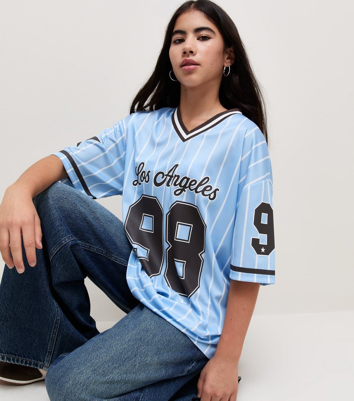 New Look Girls' Light Blue Striped V Neck Los Angeles Longline Football Top New Look