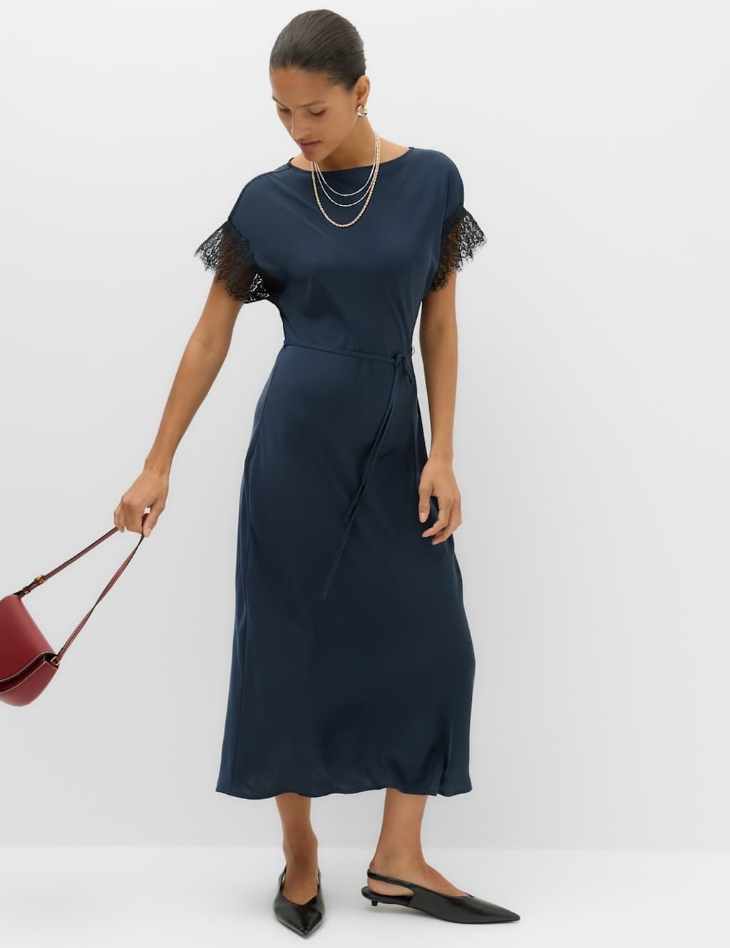 Marks & Spencer M&S Satin Lace Insert Midi Waisted Dress Navy Mix