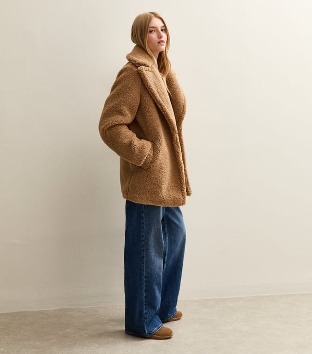 New Look Women's Tan Collared Long Sleeve Borg Coat New Look - 3