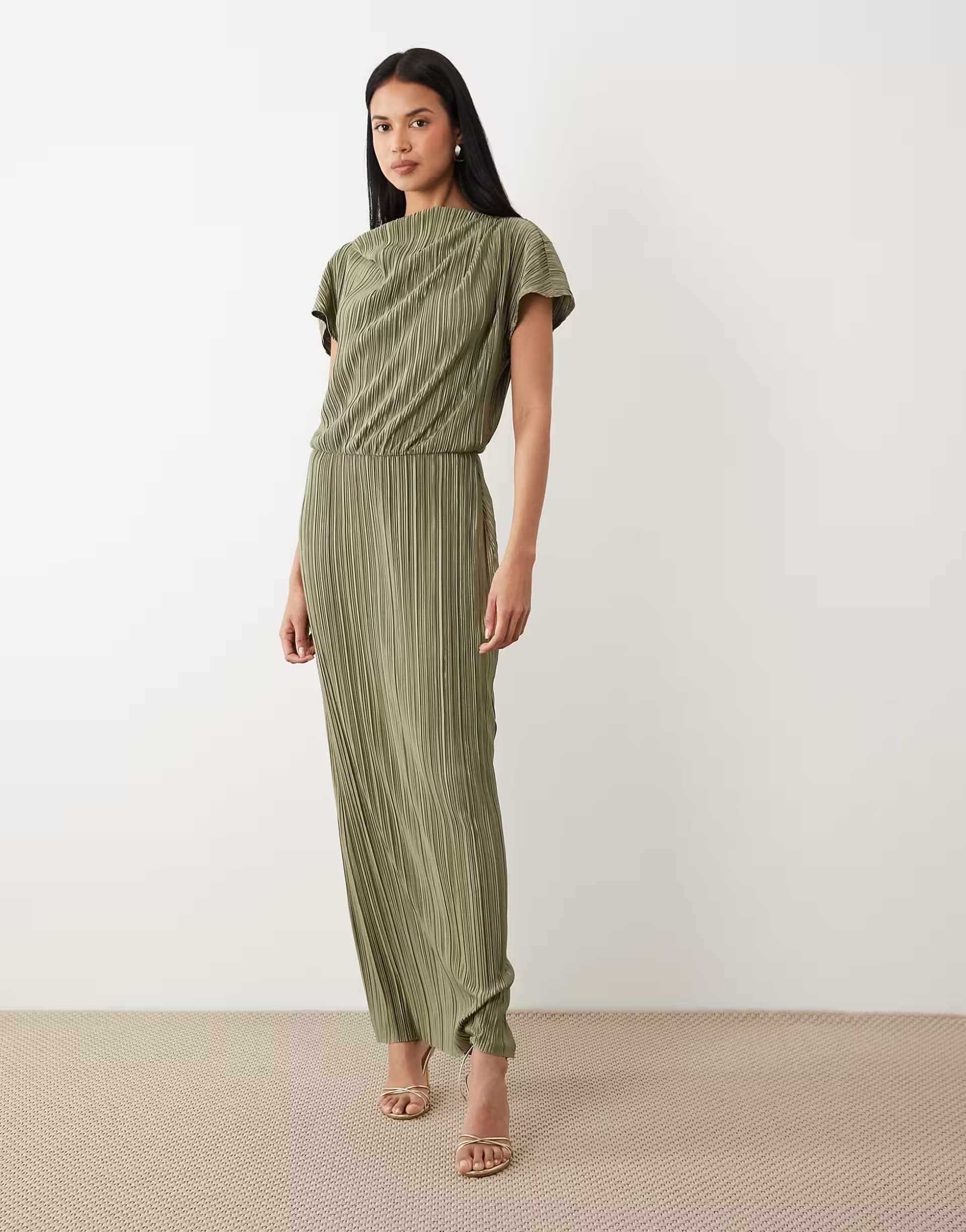 ASOS ASOS DESIGN plisse draped waist midi dress in khaki