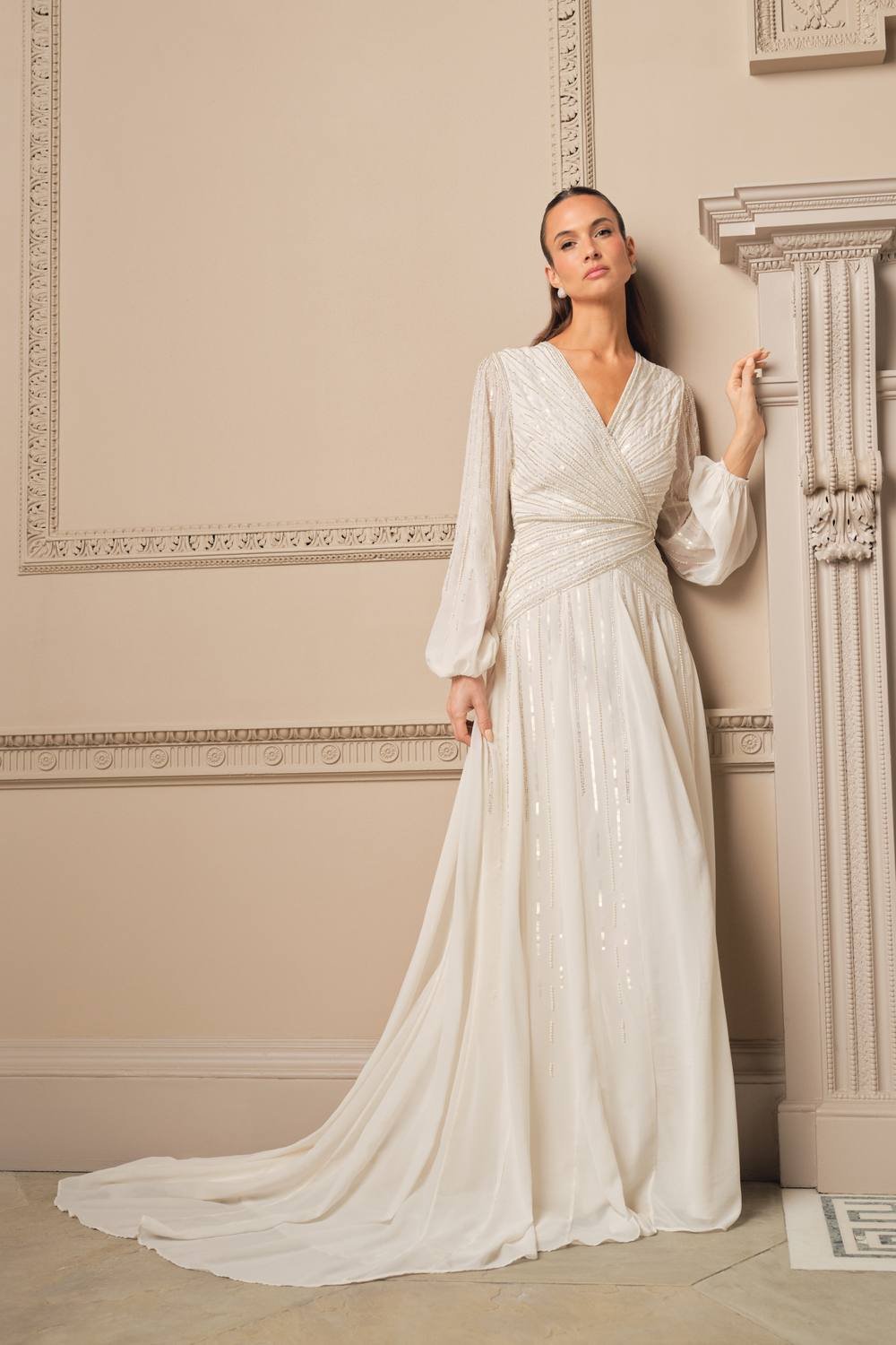 Coast Coast Women's Long Sleeve Linear Embellished Wedding Dress in Ivory - 2