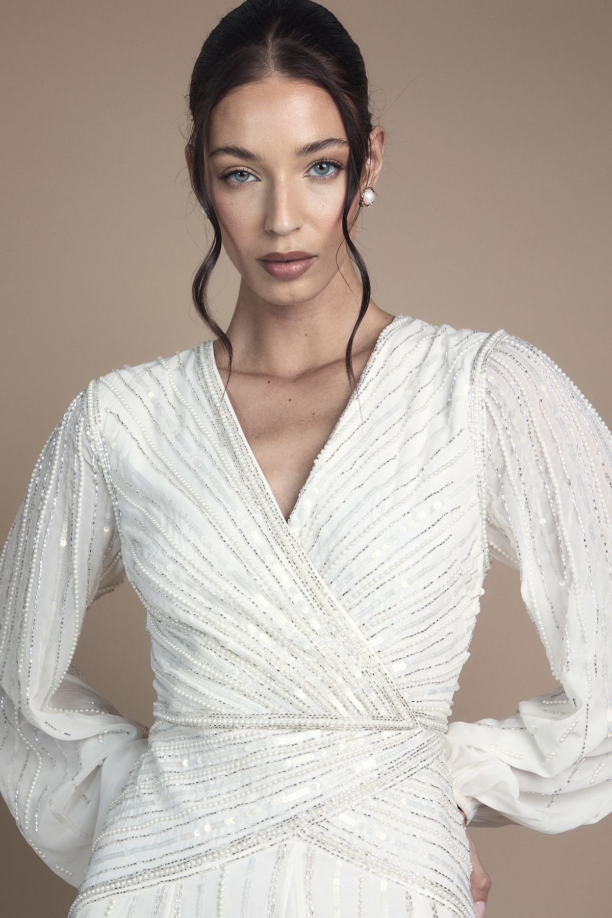 Coast Coast Women's Long Sleeve Linear Embellished Wedding Dress in Ivory - 4