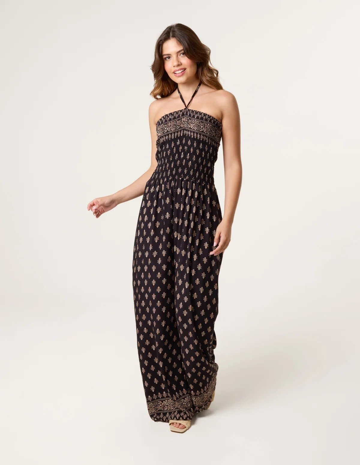 Blue Vanilla Shirred Wide Leg Border Print Jumpsuit