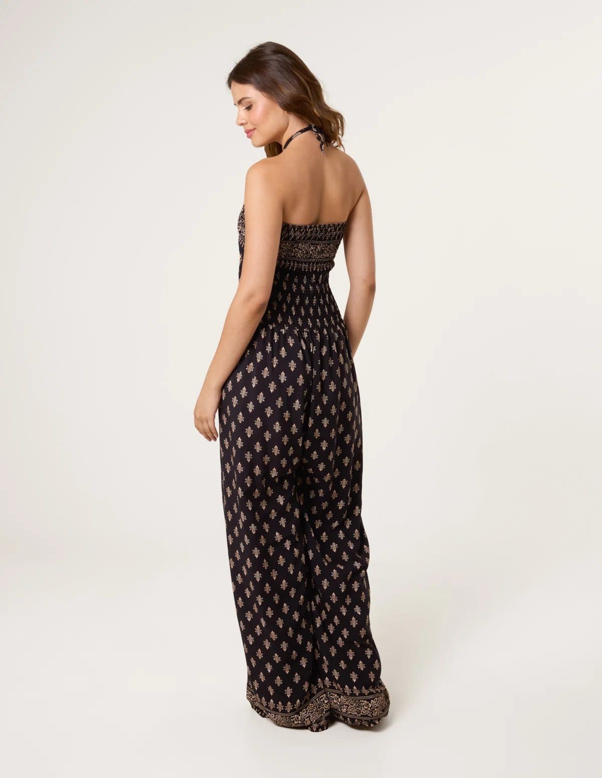 Blue Vanilla Shirred Wide Leg Border Print Jumpsuit - 4