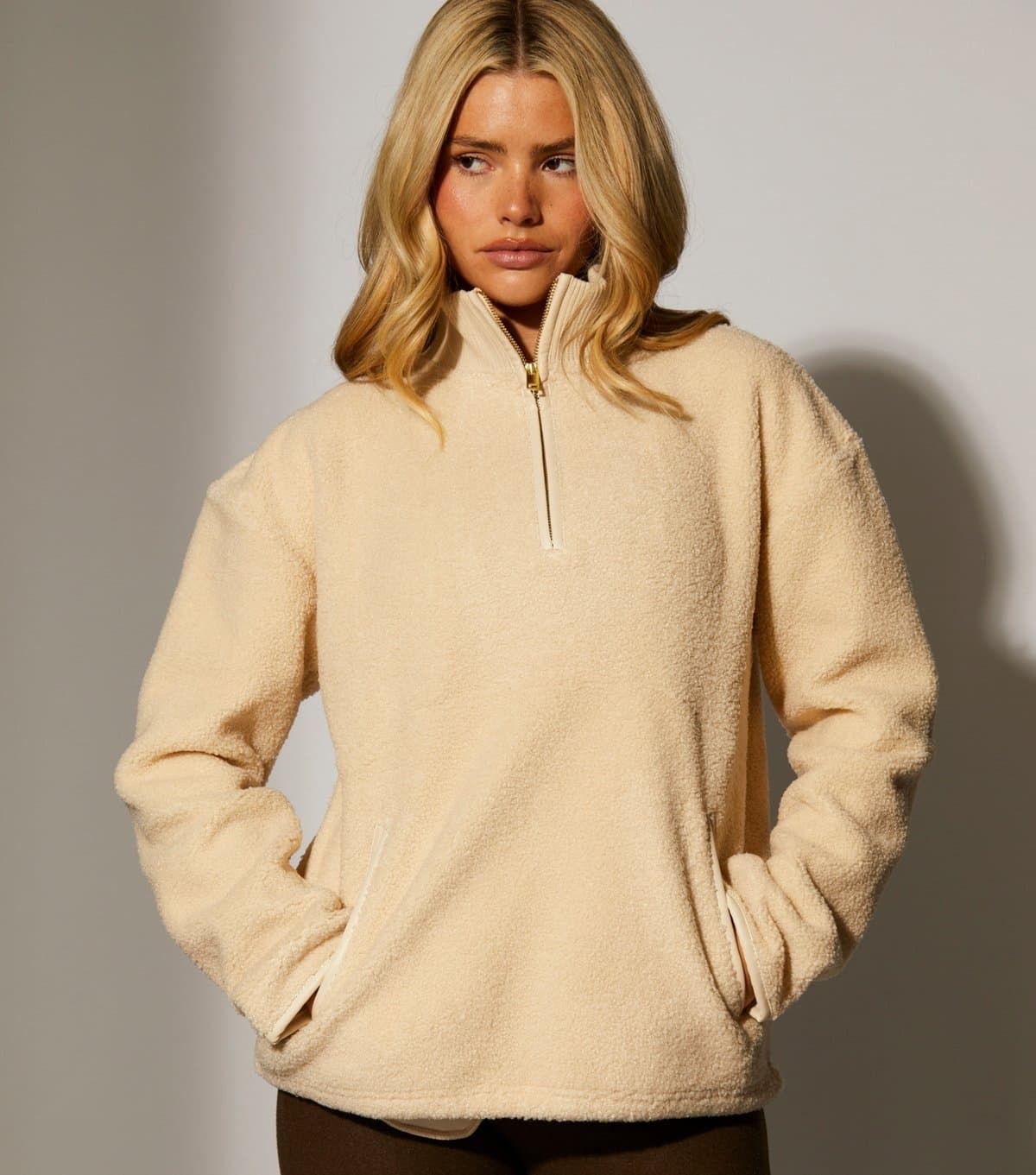 South Beach Women's Cream Fleece Back Faux Shearling Quarter Zip Jumper South Beach New Look