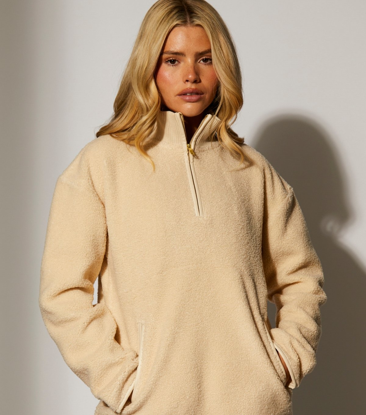 South Beach Women's Cream Fleece Back Faux Shearling Quarter Zip Jumper South Beach New Look - 4