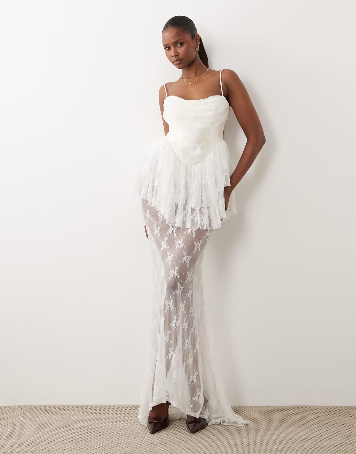 ASOS ASOS DESIGN Premium satin corset lace mix maxi dress in cream - 1