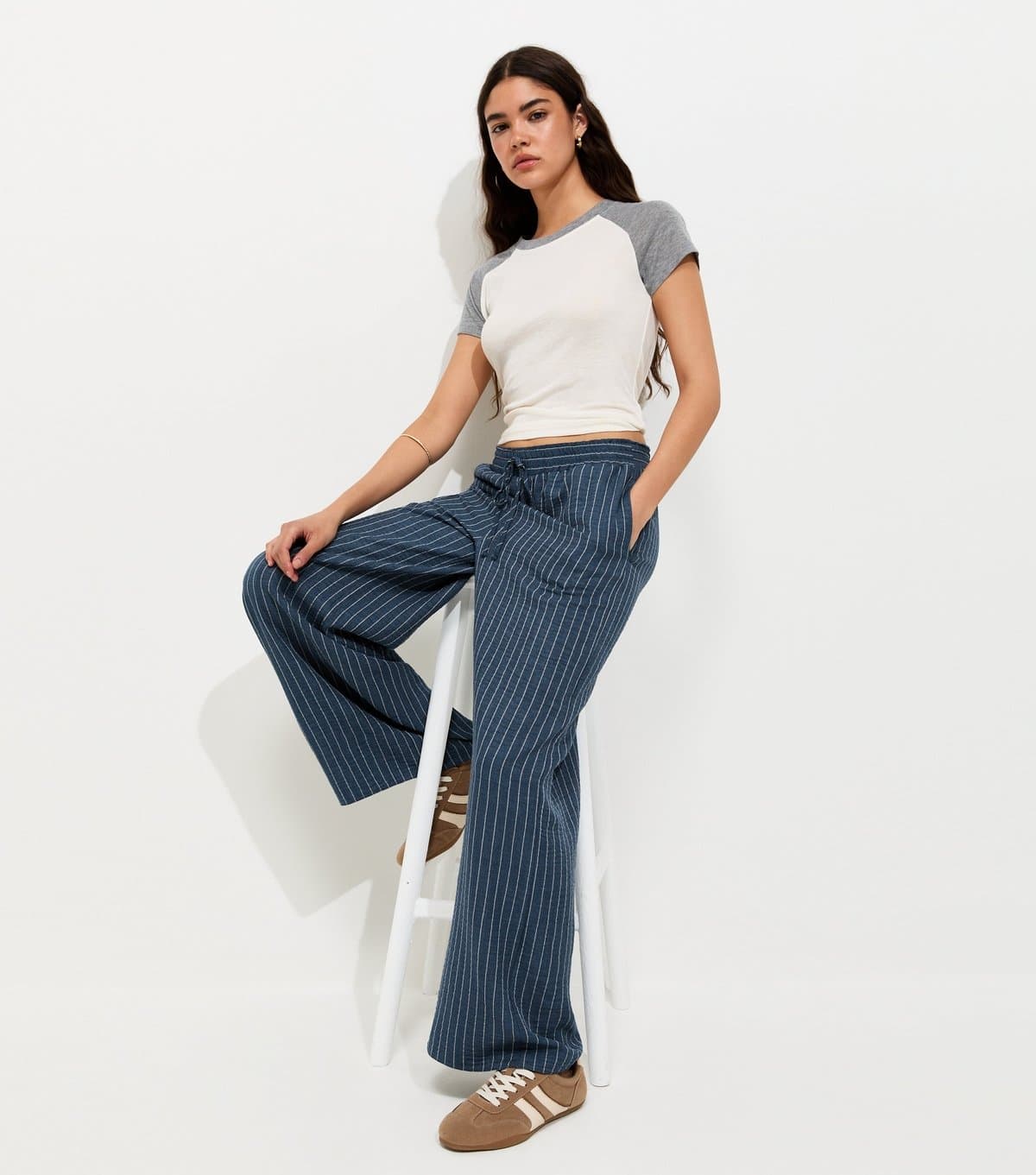 New Look Women's Dark Blue Woven Striped Wide Leg Trousers New Look