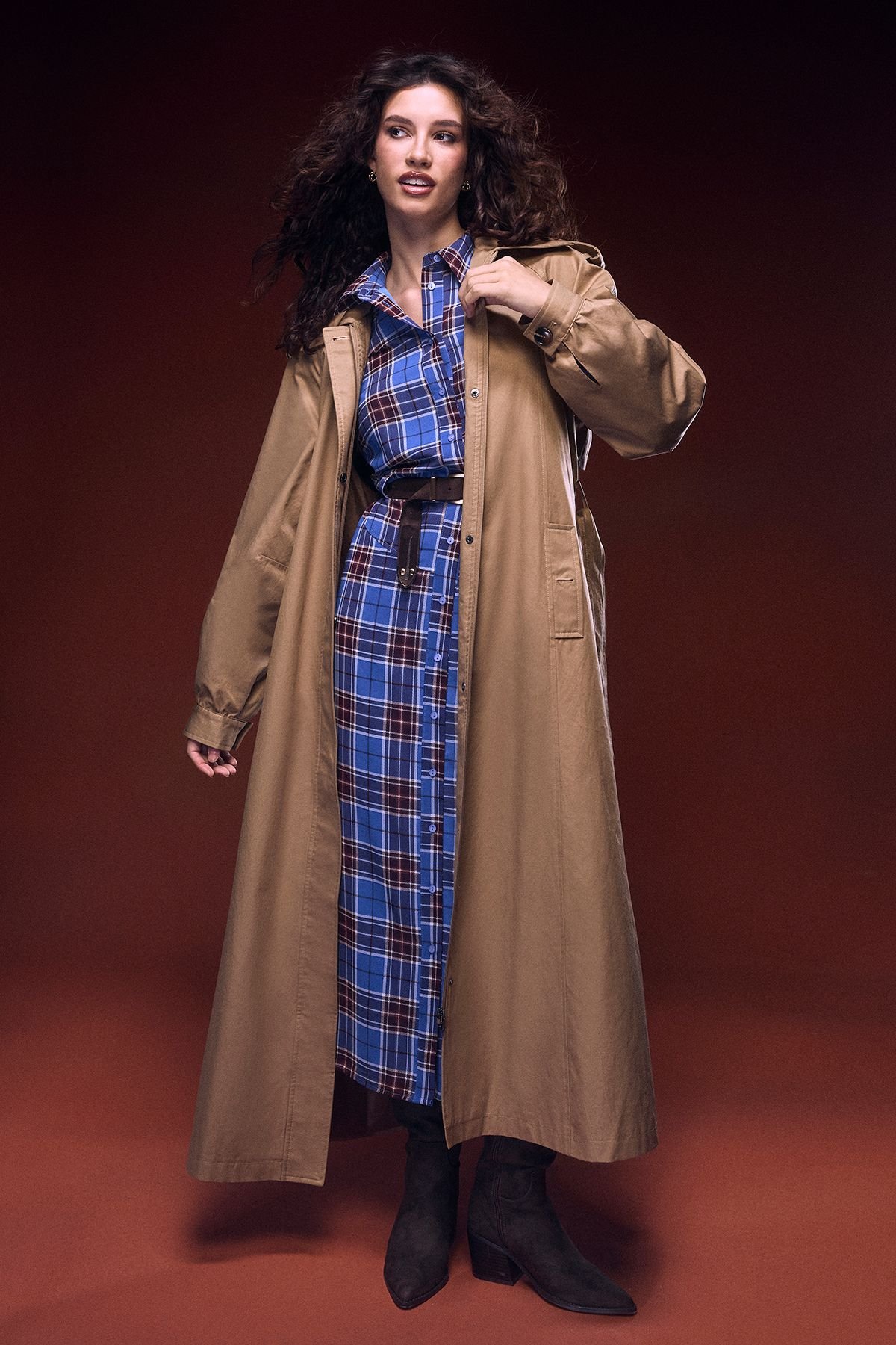 Wallis Wallis Women's Check Seam Detail Belted Shirt Dress in Blue - 2