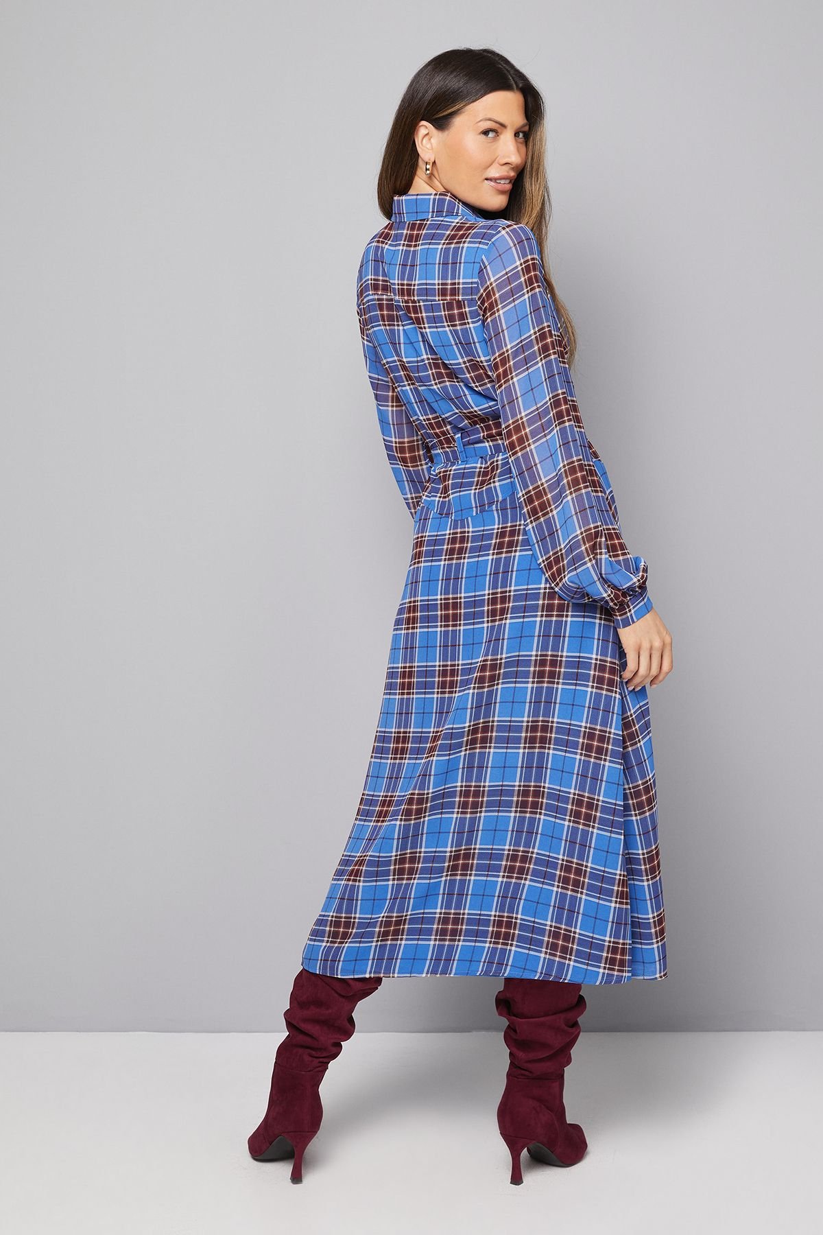 Wallis Wallis Women's Check Seam Detail Belted Shirt Dress in Blue - 4