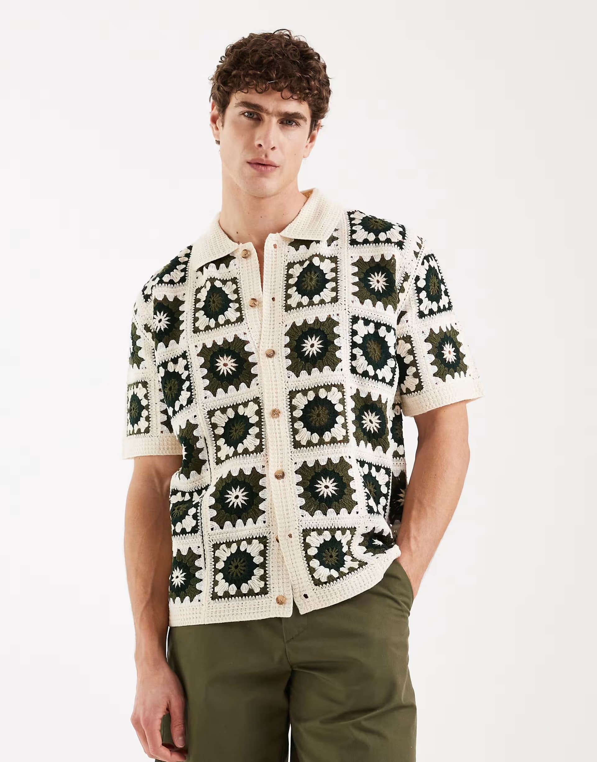 ASOS Redefined Rebel Fabian boxy fit short sleeve crochet shirt in white multi