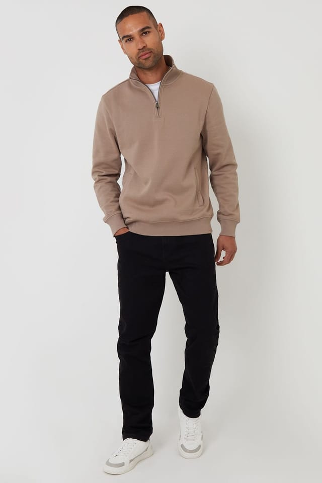 Threadbare Threadbare Men's Quarter Zip Sweatshirt in Taupe - 3