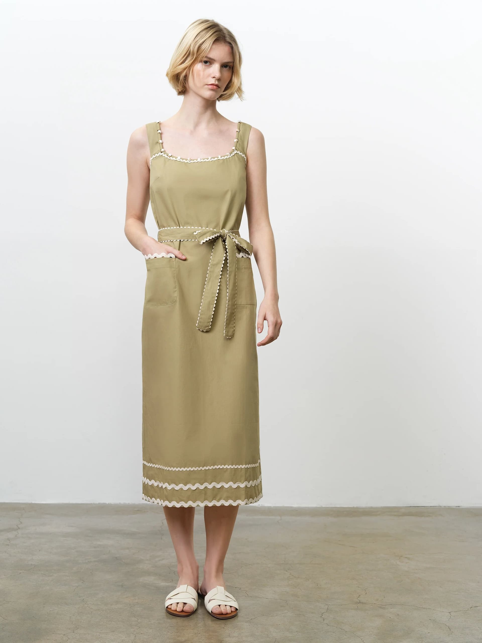 French Connection Cambria Cotton Sleeveless Ric Rac Midi Dress Summer Sage Green/Porcelain Cream