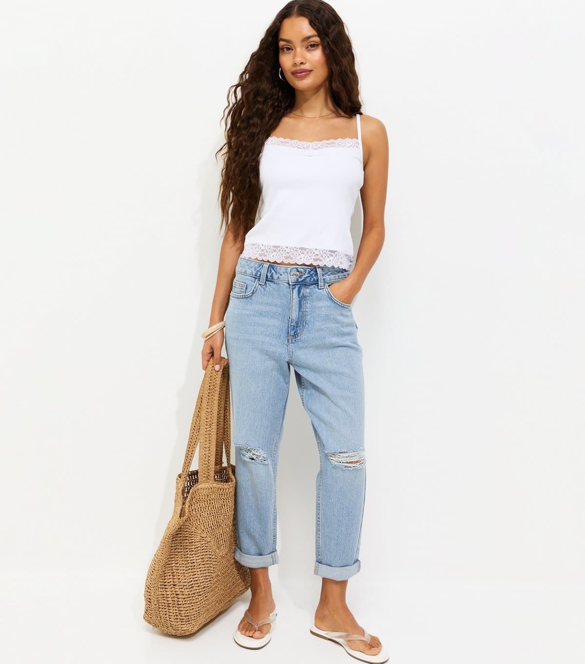 New Look New Look Petite Light Blue Wash Ripped Denim Textured Mom Jeans