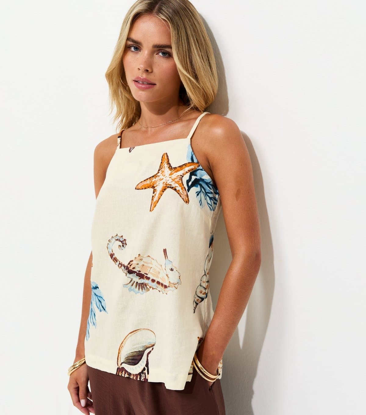 New Look Women's Petite Cream Linen Rich Seaside Print Longline Cami Top New Look