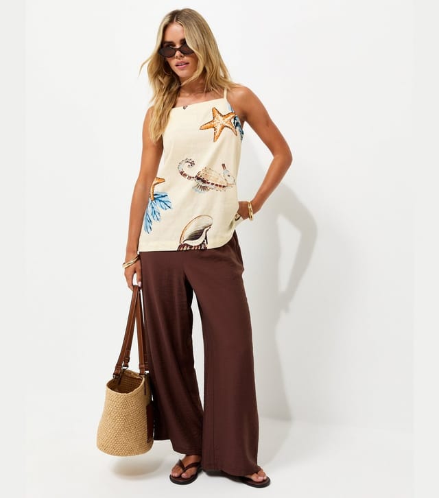New Look Women's Petite Cream Linen Rich Seaside Print Longline Cami Top New Look - 2