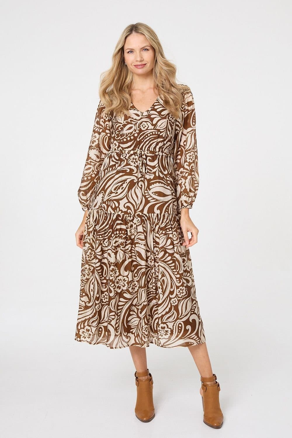 Izabel London Izabel London Women's Printed Layered Long Sleeve Maxi Dress in Brown