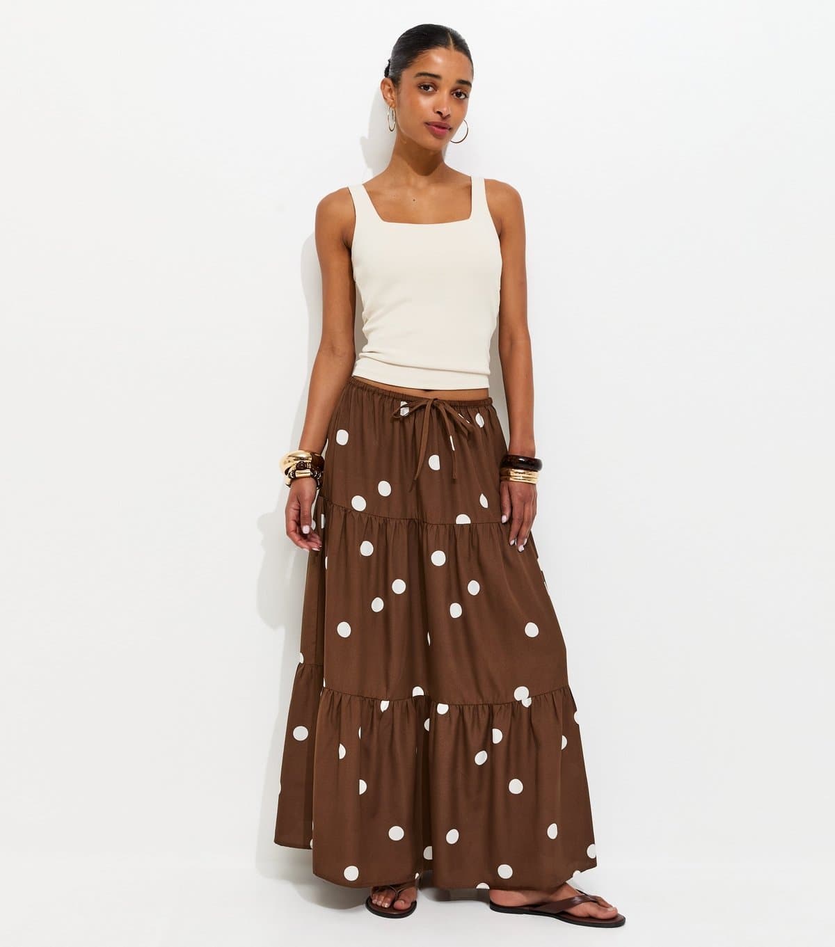 New Look Women's Brown Polka Dot Tiered Midi Skirt New Look