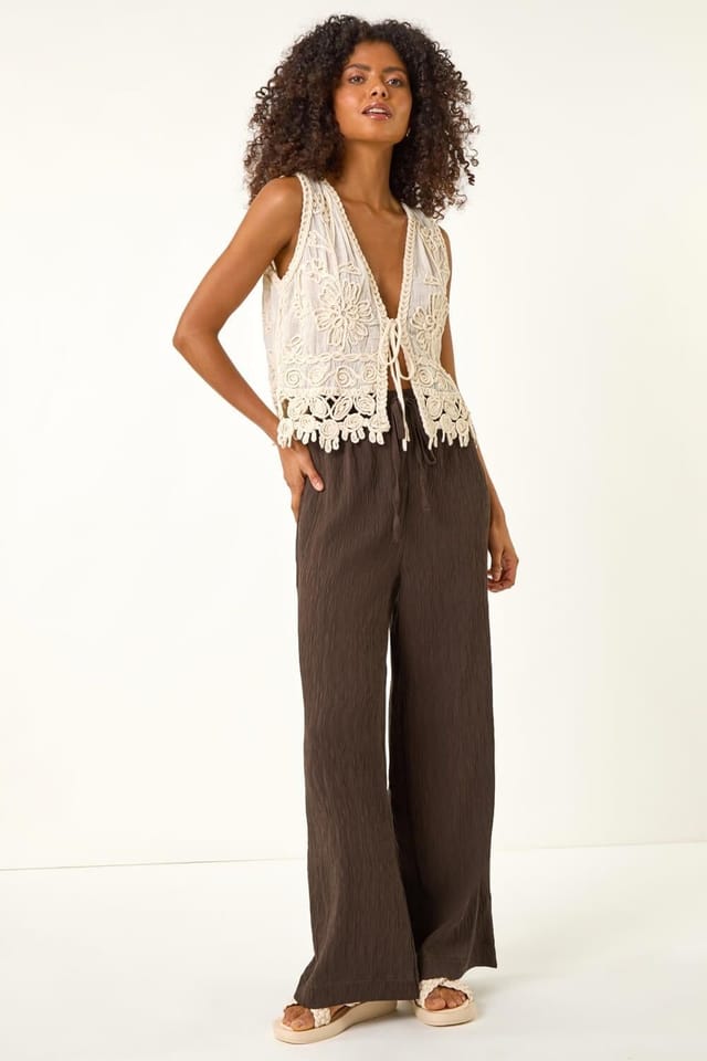 Dusk Dusk Women's Textured Elastic Waist Trousers in Brown - 3