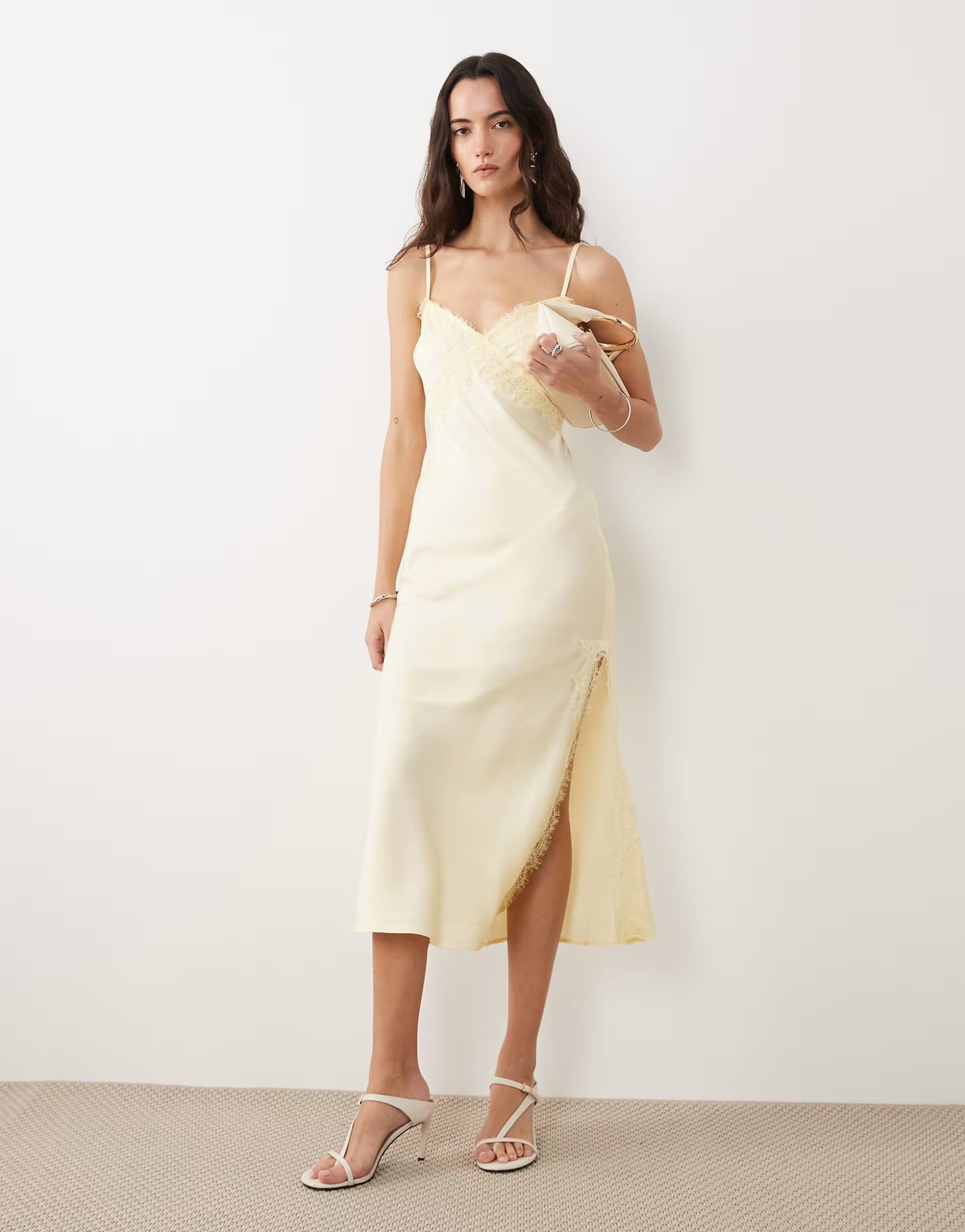 ASOS New Look lace trim slip midi dress in light yellow