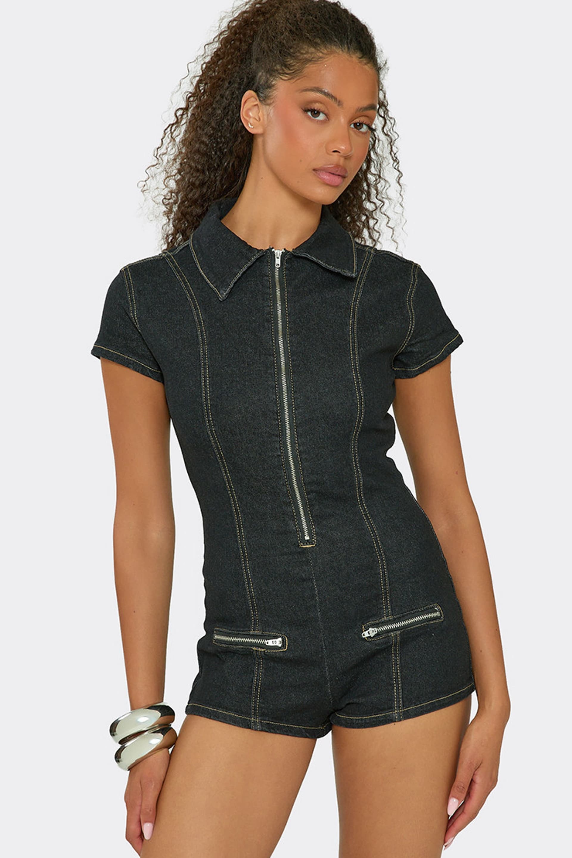 EGO EGO Women's Fitted Short Sleeve Zip Denim Playsuit in Dark Grey